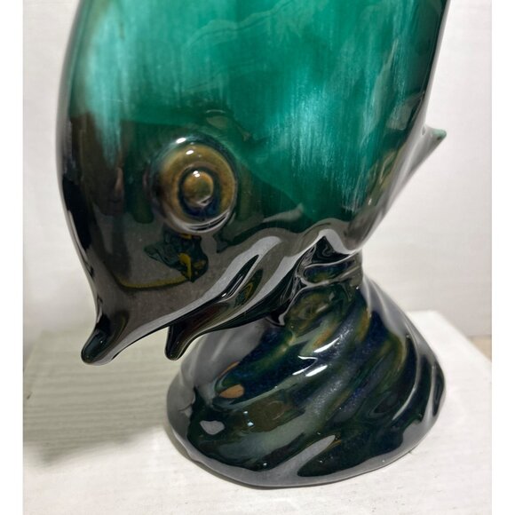 Evangeline Pottery Angel Fish Figure Black Green Drip Glaze 11.75" MCM Stunning - Picture 4 of 11